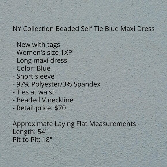 NY Collection Beaded Self Tie Blue Maxi Dress 1X Petite - Picture 8 of 9
